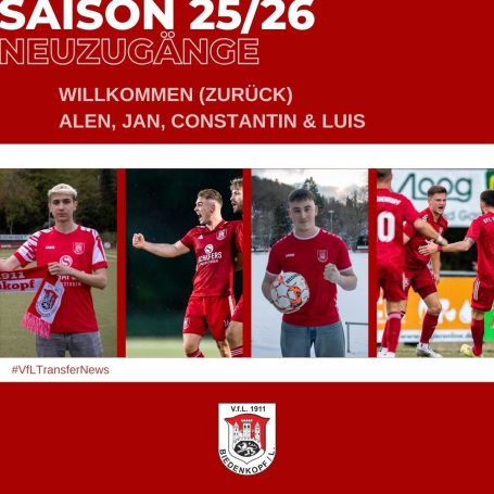 Willkommensgrafik für die Saison 25/26 mit Spielern Alen, Jan, Constantin und Luis.